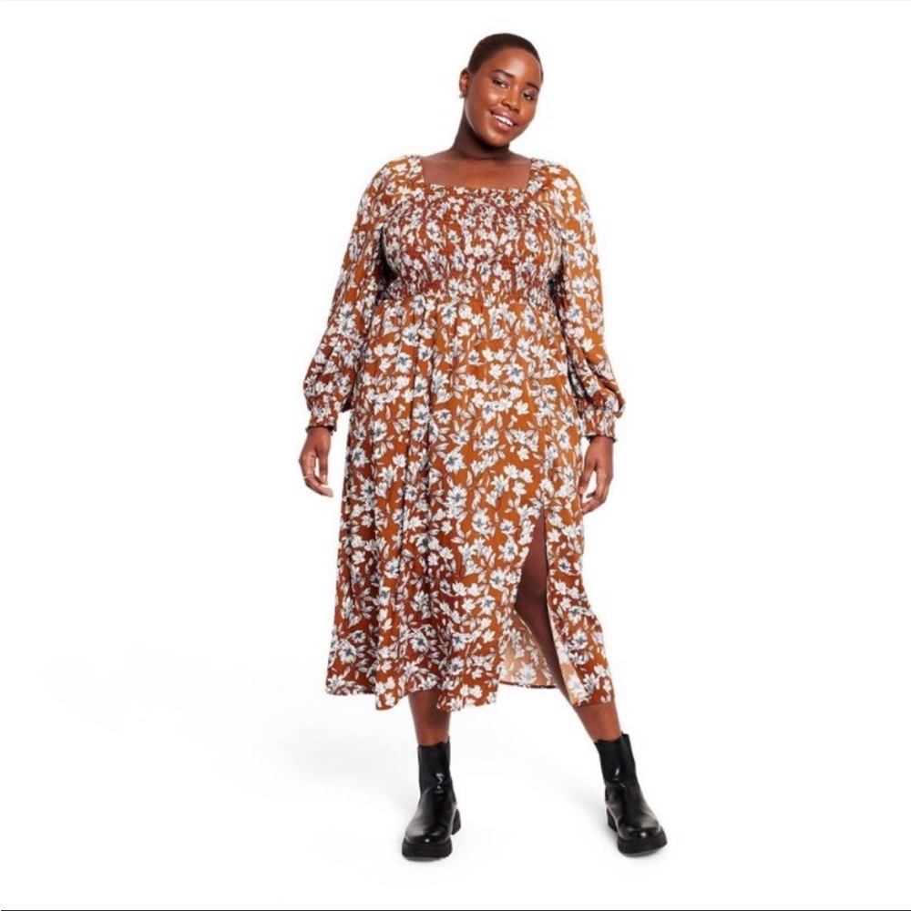NWT La Ligne x Target Brown/White Floral Smocked Bodice Midi Dress
